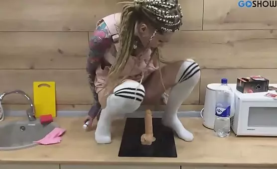 Riding a Dildo and Getting Fucked on the Kitchen Counter